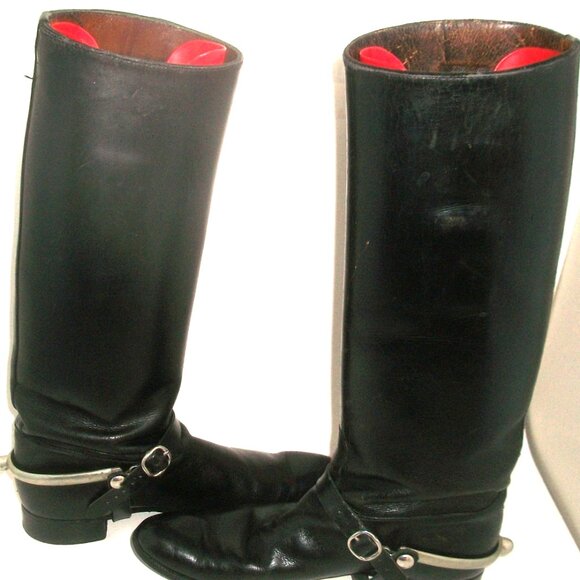 Vintage 80's Handmade Black Leather Bespoke Riding Boots w Metal Spur Harness 9M - Picture 6 of 16